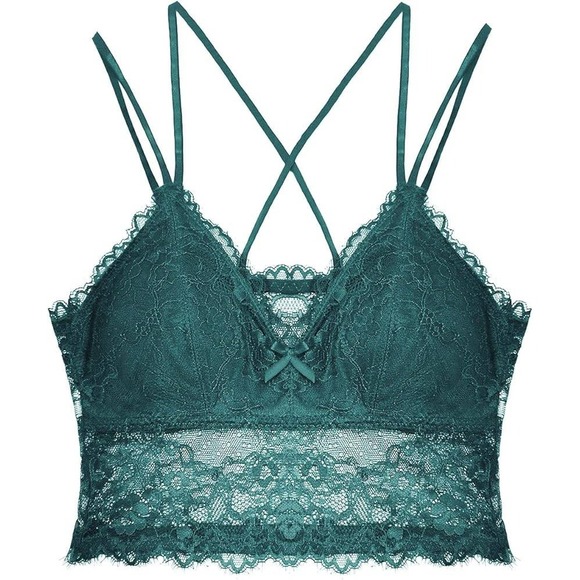 whimsigoth goblincore fairycore grunge cami emerald green lace bows M bralette - Picture 4 of 4